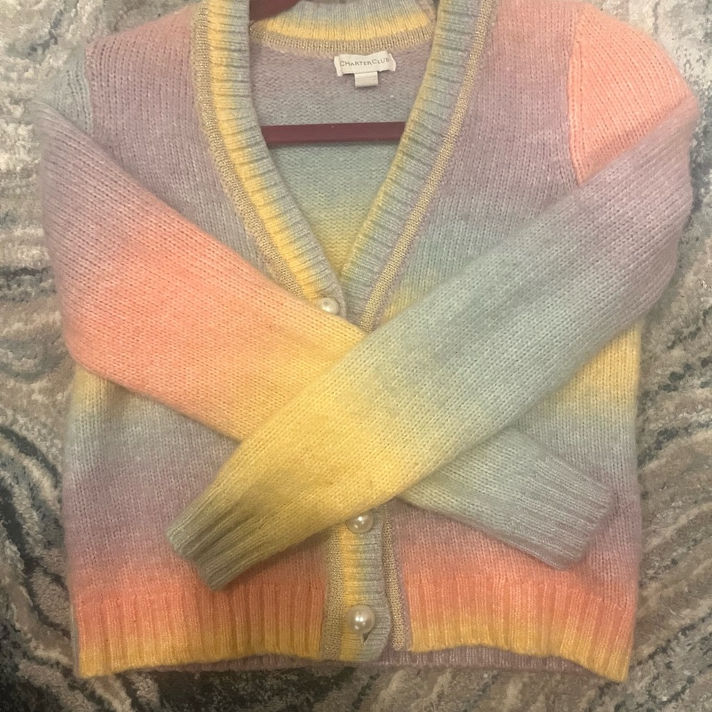 Vintage rainbow sparkly pearl button cropped charter club cardigan sweater